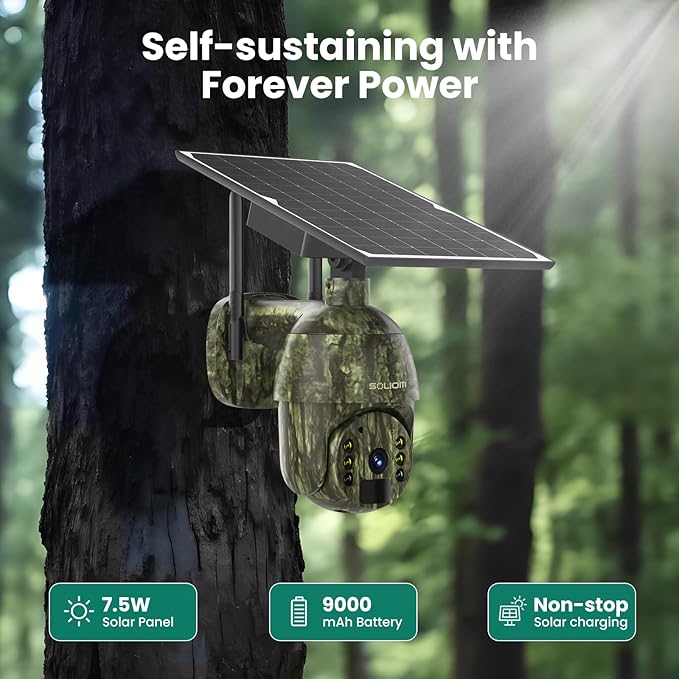 SOLIOM S600 4G LTE Cellular Security Cameras Wireless Outdoor, Solar Security Camera with Pan Tilt 360°View, 2K Full Color Night Vision, Unlimited Data Plan, PIR Motion Sensor, 2 Way Talk, Camo