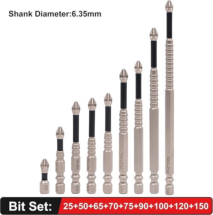 HUHAO 9Pcs High Magnetic Screwdriver Drill Bit Set, K5 Impact-Resistant and Nonslip Bit, Anti Slip Screwdriver Bits for Dry Wall, Sheetrock, Electric Drills - High Magnetic Strength & High Hardnes