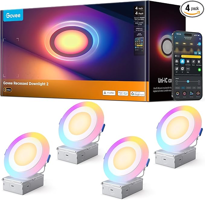 Govee Smart Recessed Lighting 4 inch, RGBIC LED Recessed Light Compitable with Matter and Alexa, 2700K-6500K Dimmable 900LM Canless Downlight with Junction Box for Bedroom, 4 Pack
