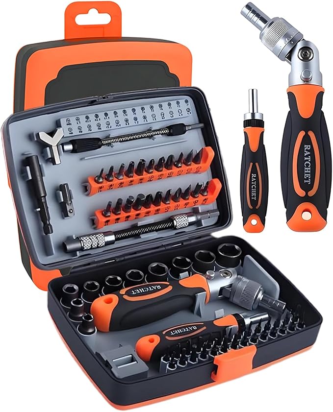Ratcheting Screwdriver Set, 68 in 1 Socket Set & Magnetic Screwdriver Bit Set with Rotatable Ratchet Handles, Extensions Bar and Storage Case for Phone, Computer, Bike, Car, Electronics Maintenance