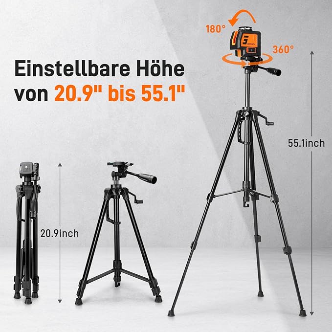 360° Laser Level with Tripod 5 Lines Laser Level 2 Plumb Dots Self Leveling Green Line Laser Level Tool for Construction, Floor Tile Included Target Plate, Battery, Carry Bag, Black + Orange