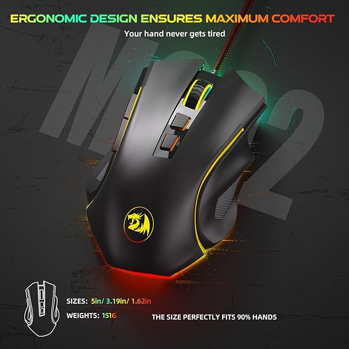 Redragon M602 Gaming Mouse, Ergonomic RGB Gaming Mouse Wired with 7200 Adjustable DPI, 9 Programmable Buttons, Professional Software for Gamer Office [Black]