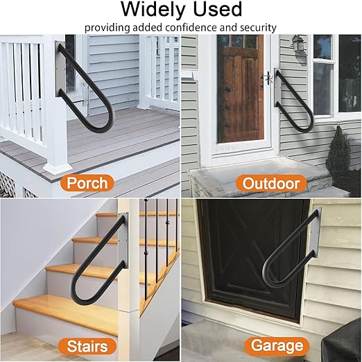 18" U-Shaped Stair Handrails for 1-2 Steps, Black Stair Railings for Indoor or Outdoor, Wall Mounted Hand Railings for Porch Garage, Safety Grab Bar for Stairs