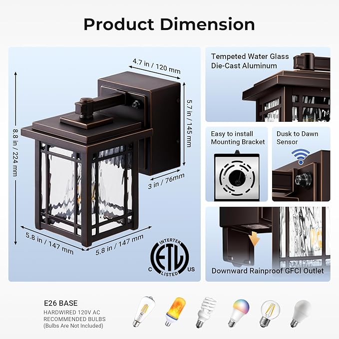 Front Porch Lights with GFCI Outlet, Oil Rubbed Bronze Dusk to Dawn Outdoor Wall Lantern, Anti-Rust Outdoor Garage Lights Wall Mount, Exterior Sconce Lighting Fixtures with Water Ripple Glass