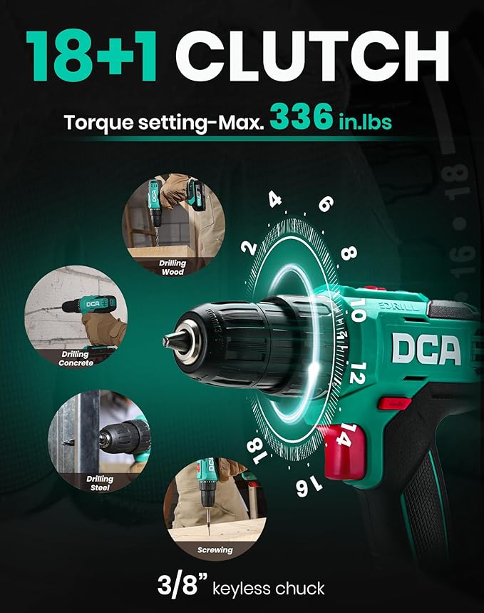 Cordless Drill Set, 336 in-lbs Torque, 3/8" Keyless Chuck, Electric Power Drill with 2.0Ah Battery and Charger,18+1 Position,25-Piece 20V Drill Driver Kit, ADJZ2035