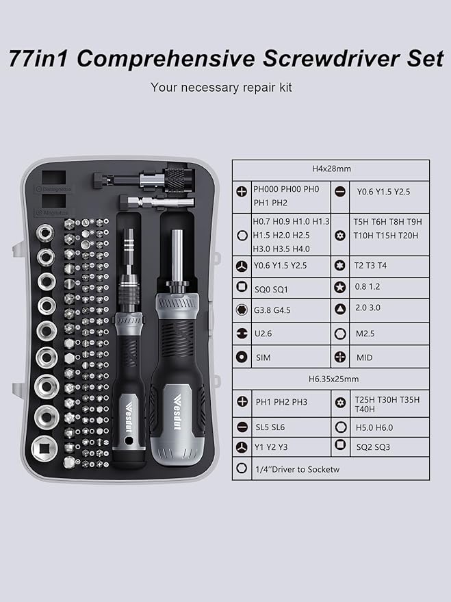 [Super Durable] 77in1 Screwdriver Set, Include 46in1 Precision Screwdriver and 23in1 1/4 Inch Nut Driver, Flat Head, Torx, Hex, Square, Repair Kit, Man Gift Screw Driver
