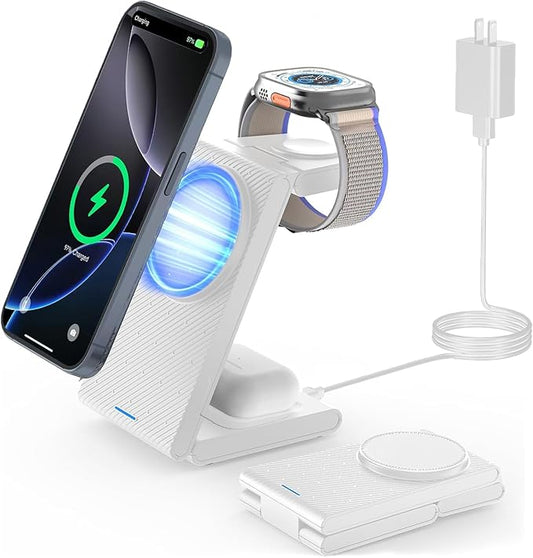 Wireless Charger Magnetic for Apple Devices - JoyGeek 3 in 1 Foldable Charging Station for Magsafe Compatible with iPhone 16 15 14 13 12 Pro Max Plus, Apple Watch 10 9 8 7 6 5 4 SE, AirPods 4/3/2/Pro