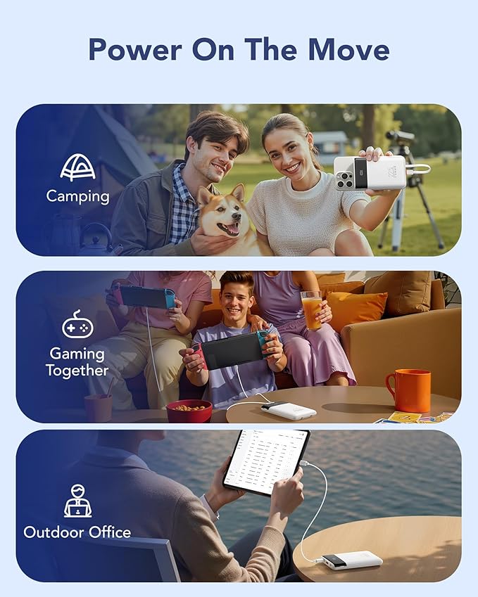 VEGER 10000mAh Portable Charger with 2 Built-in Cables, PD 22.5W Fast Charging USB C Power Bank, 4 Outputs 3 Inputs Slim Battery Pack Compatible with iPhone, Samsung, iPad, Android - Travel Essential