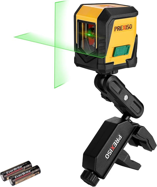 PREXISO Laser Level with Tripod, 65Ft Self Leveling Cross Line Laser Level, Green Line leveler Tool for Hanging Picture, Floor Tile, Home Renovation with LED Indicator & 2 AA Batteries (360°Clamp)