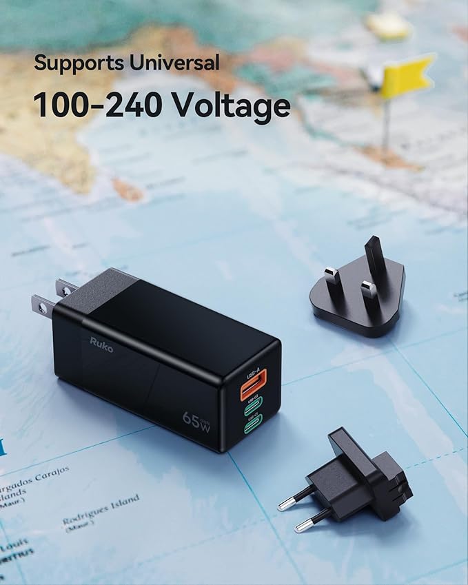 Ruko 65W USB C Charger, 3 Port International Travel Charger Kit, GaN Fast Charging Block with Portable Bag Cable UK EU Plug for iPhone 16/Pro, Galaxy S24, MacBook, iPad, Steam Deck, Drones