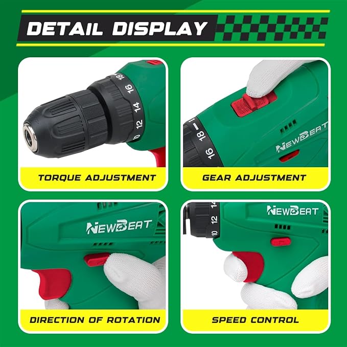 NEWBEAT Cordless Drill Set, 12V Power Drill Driver with Battery and Charger, 3/8" Keyless Chuck, 2 Variable Speed, 18+1 Torque Setting, Cordless Drill Driver Kit for Home and DIY Project