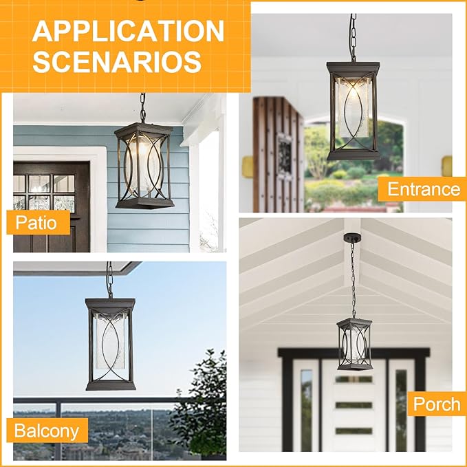 Motion Outdoor Pendant Light Fixtures Dusk to Dawn Exterior Ceiling Hanging Lantern for Porch, Modern Black Outside Chandelier Light with Crack Glass for Front Door Porch Gazebo Foyer Entryway