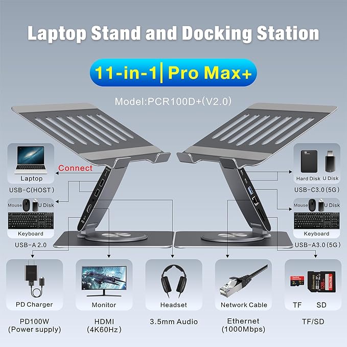 Adjustable Laptop Stand for Desk with Docking Station 11-in-1, Aluminum Laptop Riser with USB Hub 360°Swivel Dual Display 4K60Hz HDMI Gigabit Ethernet USB3.0 PD100W for MacBook Pro Air/Dell/HP 7-15.6"