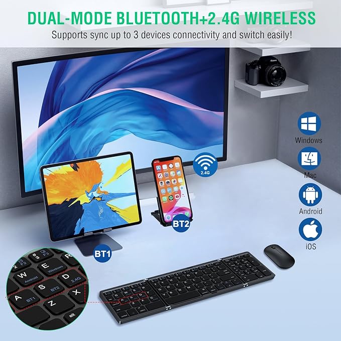 Foldable Keyboard and Mouse, EDJO Folding Wireless Keyboard Mouse Combo with Portable Case, Rechargeable 2.4G+Bluetooth Multi-Device Combo for Windows, iOS, Android, MacOS PC/Laptop/Tablet