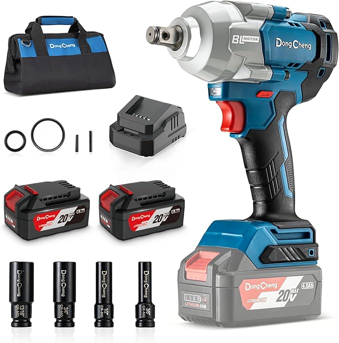 Dong Cheng 20V Brushless Impact Wrench, 515 ft-lbs High Torque, 1/2 Inch Cordless Impact Gun with Tool Bag, 4-Speed for Cars, Trucks, Tractors, Includes 2 x 4.0Ah Batteries & Charger