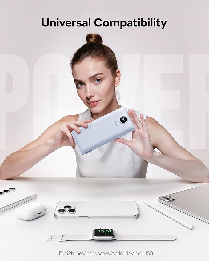 VEGER AC Wall Plug Portable Charger, 10000mah Slim Portable Charger Built in Cables, USB C Power Bank 15W Fast Charging, Travel Essential Battery Pack Compatible with iPhone, Android and More(Blue)