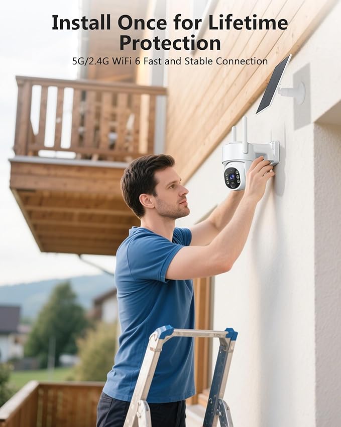 2K Security Cameras Wireless Outdoor, 5G WiFi Cameras for Home Security, 360° PTZ Solar/Battery Powered Outside Cam, 2 Way Talk, Color Night Vision, AI Human Detection for Porch/Garage/Yard
