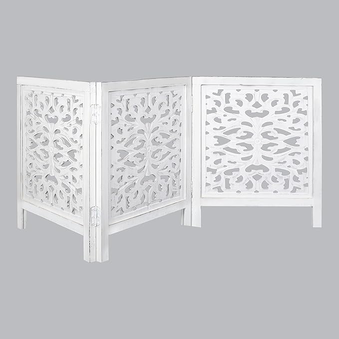 Foldable Wooden Dog Gate for Doorways, 3-Panel Freestanding Indoor Fence, Decorative Extra Wide Barrier for Home,Pet Gate White – Stylish, Portable, No Installation Needed