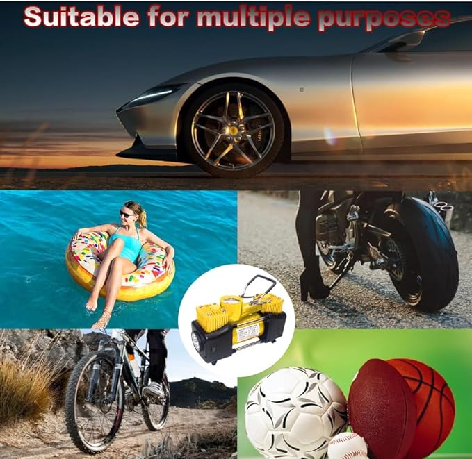 YUNGTEE Yellow Tire Inflator Heavy Duty Double Cylinders Direct Drive Inflation Pump,12V Portable Air Compressor Pump with Emergency LED Light - 150PSI Tire Pump,Apply to Car,Suv,RV