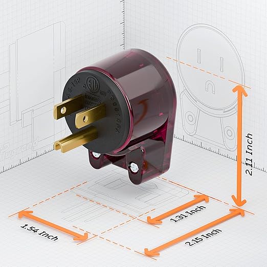 2 Pack Nema 5-15P Plug, 90 Degree Right Angle Plug 15A 125V Angled Plug, Nema 5-15P DIY AC Plug, USA 3-Prong Household Right Angle AC Plug, Red Color ETL Verified