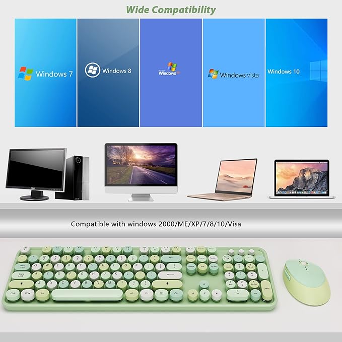 Wireless Keyboard and Mouse Combo, Cute Colorful 104-Key Typewriter Retro Round Keycaps Keyboard for PC Laptop,Windows,Desktop,Perfer for Home and Office Keyboards (Green)