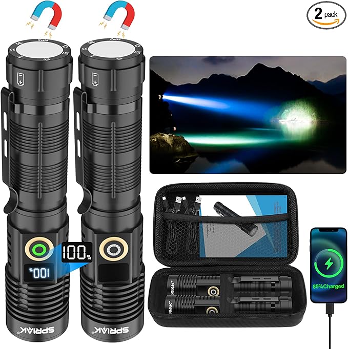 Rechargeable Flashlight High Lumens- Super Bright Magnetic Flash Light with Power Digital Display, Long Range,Dimmable,Waterproof,Pocket Tactical LED Flashlights for Emergency Camping 2PC