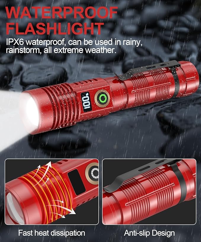Rechargeable Flashlight High Lumens- Super Bright Magnetic Flash Light with Power Digital Display,Long Range,Dimmable,Waterproof,Pocket LED Flashlights for Emergency Camping 2PC Red