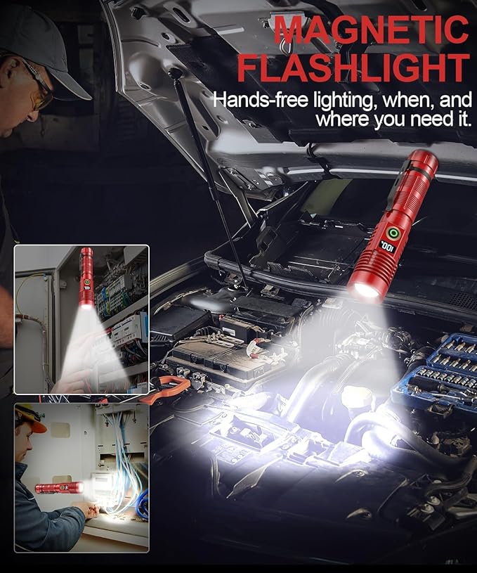 Rechargeable Flashlight High Lumens- Super Bright Magnetic Flash Light with Power Digital Display,Long Range,Dimmable,Waterproof,Pocket LED Flashlights for Emergency Camping 2PC Red