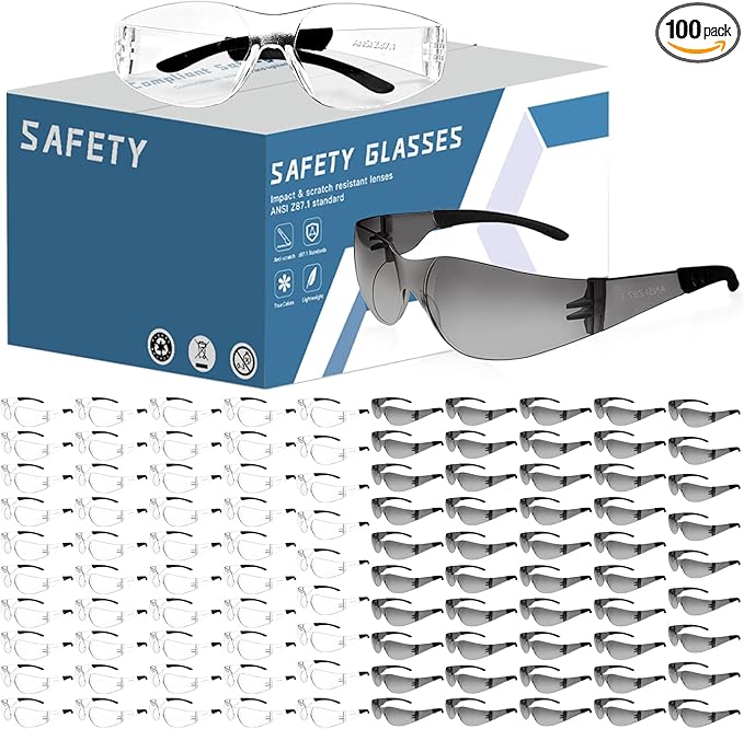 Clear Safety Glasses Bulk of 100,ANSI Z87.1 Impact Resistant Lens Eye Protection for Lab,Construction