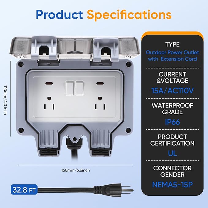 Outdoor Power Outlet,Outdoor Extension Cord Waterproof Double Wall Outlet Extender with On-Off Switch and Indicator Light，Exterior Electric External Power Outlet,Outside Outlet (32.8FT)