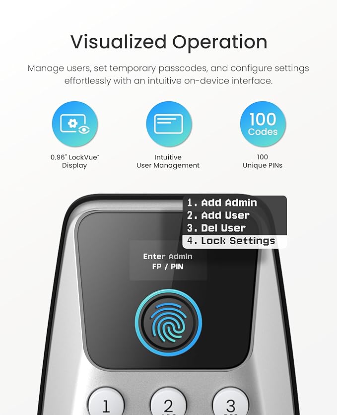 DESLOC C110 Keyless Entry Door Lock with 2 Lever Handles&Smart Screen, Digital Smart Front Door Lock Set, Fingerprint Door Locks, Keypad Deadbolt, Auto-Lock, Backlit Keys, Passage Mode, IP54 Silver