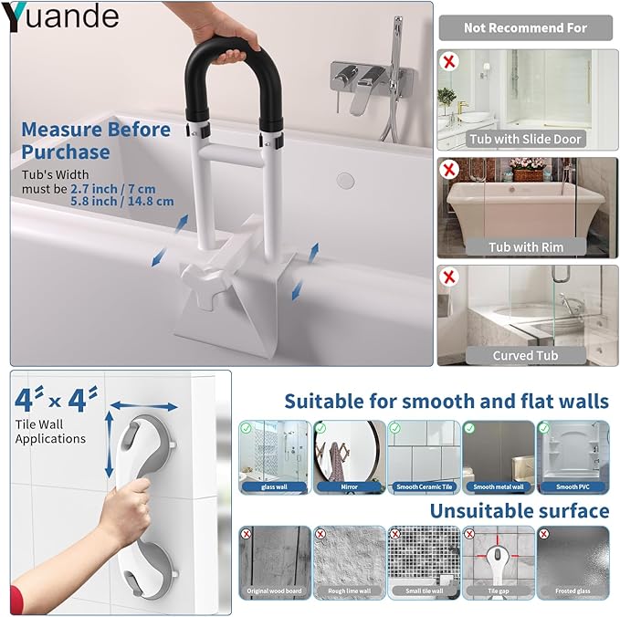 Bathtub Grab Bars with Suction Grab Bars, YuanDe 20x6 Inch Adjustable Bathtub Safety Rail Height & Width, Heavy Duty Tub Handle Grab Bar, Bath Handles Clamp for Elderly Seniors Injury Disabled