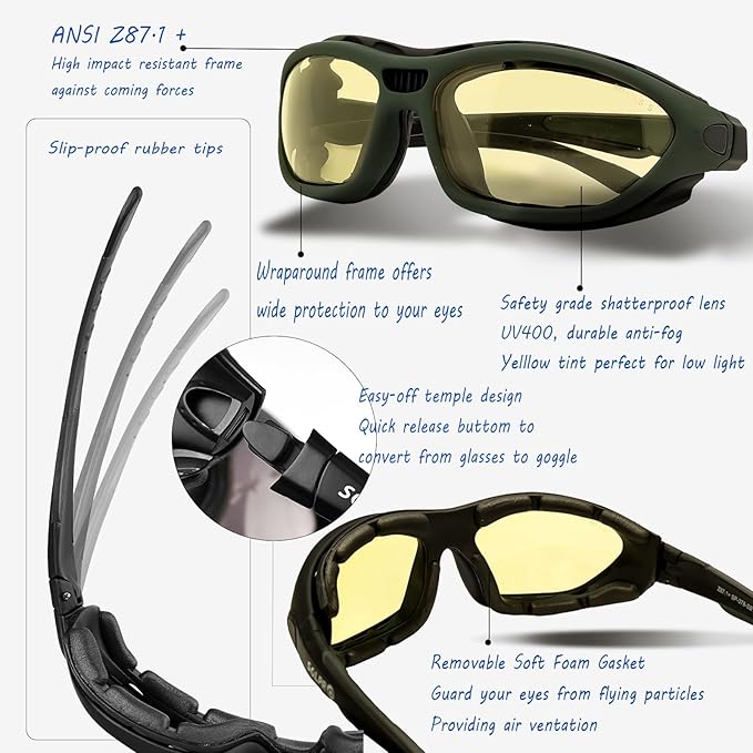 Anti-Fog Safety Motorcycle Riding Sunglasses Foam padded Goggle, Dustproof, Windproof, Hunting, Hiking, Golfing