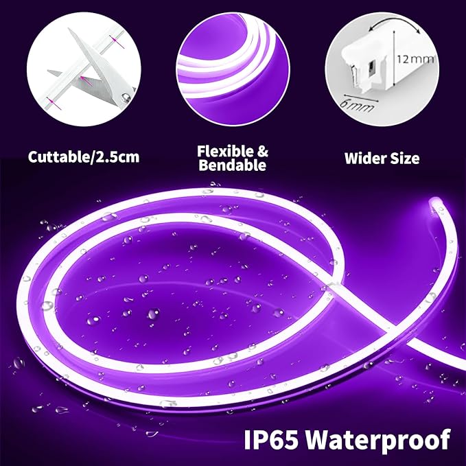 iNextStation Purple Led Strip Lights, 16.4Ft/5m Neon Led Light Strip with Power Adapter, 12V Waterproof Silicone Flex LED Rope Lights for Bedroom Wall Festival Party Neon Sign DIY Decor