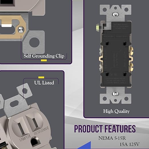 ENERLITES Elite Series Duplex Receptacle with Screwless Wall Plate, Residential Grade Duplex Outlet, Tamper-Resistant, Grounding, 15A 125V, UL Listed, 61580-TR-NKWP, Nickel with Wall Plate