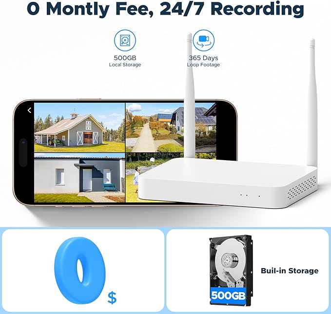 Home Security Camera System, 4Pcs PTZ Wireless Cameras with Auto Human/Pet/Vehicle Detection, 10CH 4K NVR with 24-7 Recording, 2-Way Audio, Smart Color Night Vision, Outdoor Surveillance Kit