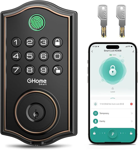 Ghome Smart Deadbolt Lock for Front Door, Keyless Entry Door Lock with Keypad, App Remote, Auto Lock, Easy Installation, Fingerprint Door Lock for Home, Airbnb, Apartment, Garage, Zn-Al-Cu Alloy Black
