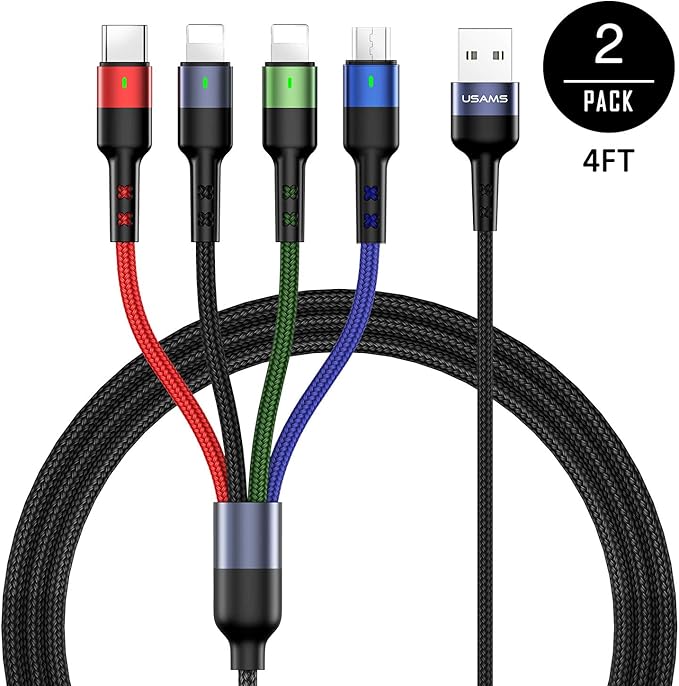 Multi Charging Cable USAMS 2Pack 4FT 4 in 1 Nylon Braided USB Fast Charging Cord Adapter Type C Micro Port Compatible Cell Phones Tablets and More