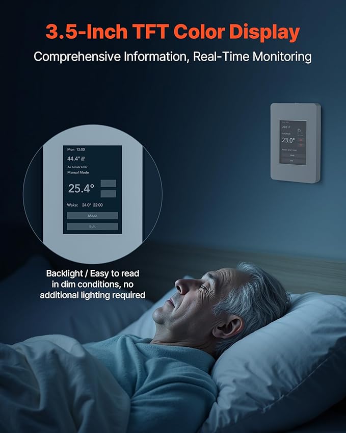 VEVOR 7-Day Programmable Thermostat, Home Thermostats for Radiant Underfloor Heating Cable,Heat Pump with GFCI & Sensitive Sensor,TFT Color Display Touchscreen,Efficient,Gray-White (Without WiFi)