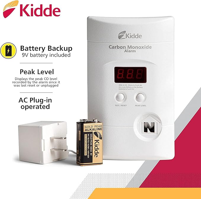 Kidde Carbon Monoxide Detector, Plug In Wall with 9-Volt Battery Backup, Digital LED Display - 2 Pack
