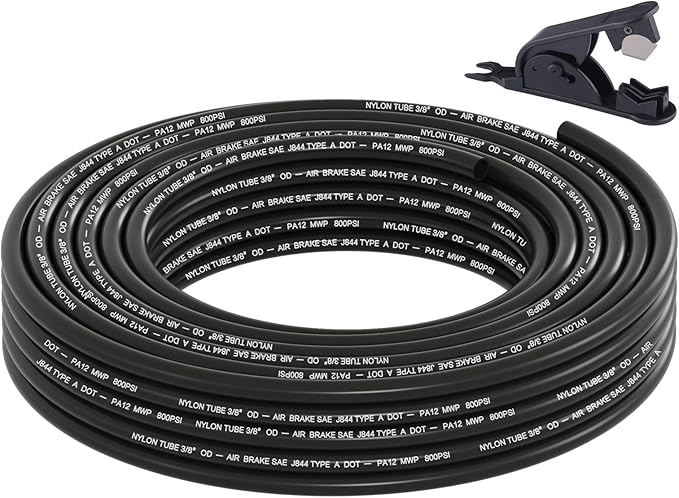 35FT 3/8 DOT Air Line SAE J844 PA12 Nylon Air Hose with Cutter 3/8” OD Pneumatic Tubing DOT Approved 3/8 Air Brake Hose for Air Suspension Kit Truck Trailer Brake System & Fluid Transfer 11m