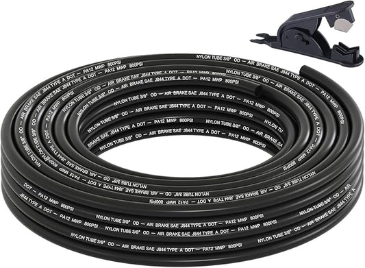 35FT 3/8 DOT Air Line SAE J844 PA12 Nylon Air Hose with Cutter 3/8” OD Pneumatic Tubing DOT Approved 3/8 Air Brake Hose for Air Suspension Kit Truck Trailer Brake System & Fluid Transfer 11m