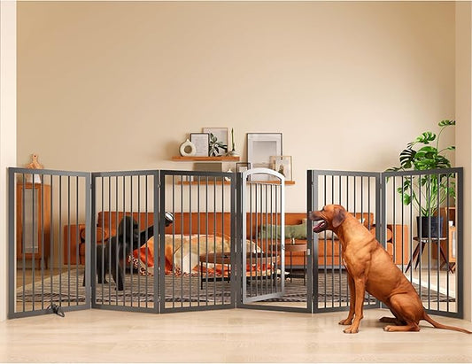 JSB 144-inch Extra Wide 30-inch Tall Dog gate with Door Walk Through, Freestanding Round Tube Pet Gate for Halls Stairs, Puppy Safety Dog Fence with 2PCS Support Feet (Black)