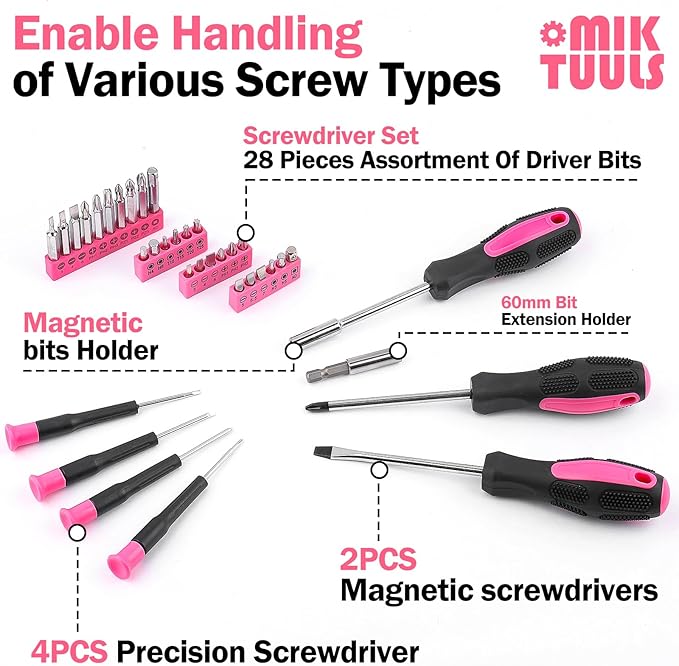 152PCS Home Tool Kit with 12V Cordless Drill, Pink