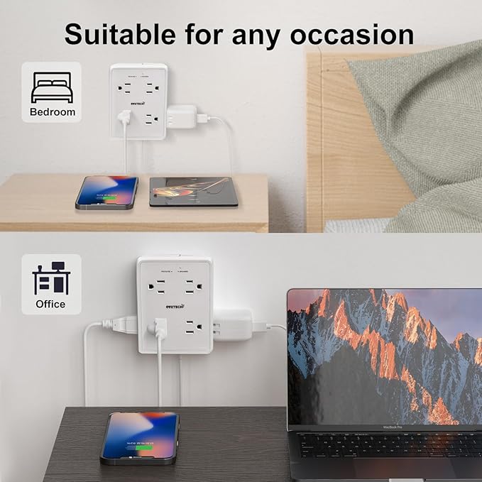 Multi Plug Outlet Extender Surge Protector Adapter, 8 Outlet with 4 USB Ports (2 USB C) 1350J Power Strip Wall Charger Spaced for Travel,Home, Office, Dorm Room, White