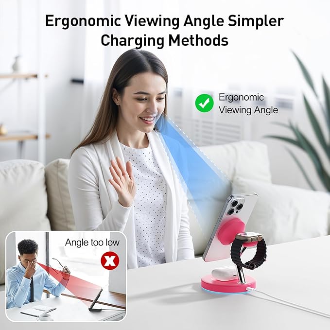 3 in 1 Charging Station Compatible with Mag-Safe Charger Wireless Charger Stand for iPhone 16 15 14 13 12 Series Wireless Charging Station for AirPods Wireless Charging Stand for iWatch Series (Red)