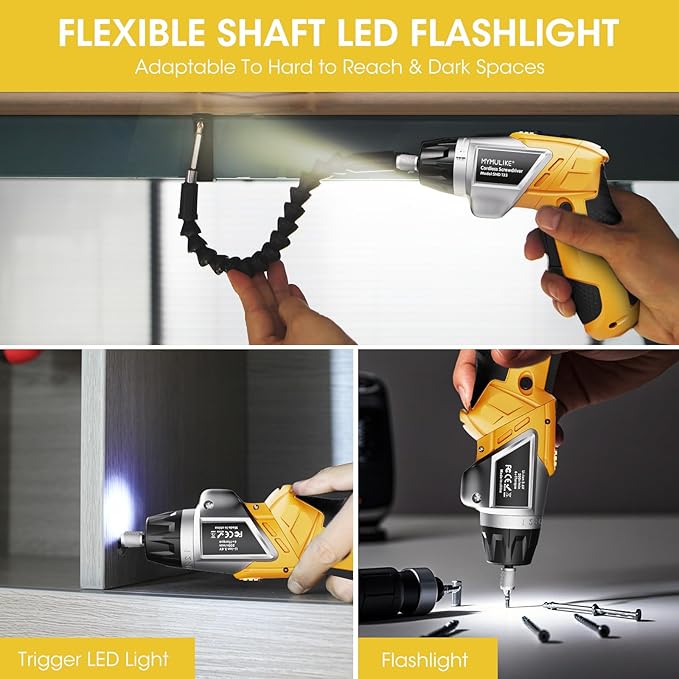 Electric Screwdriver Cordless Set, 3.6V Power Screwdriver Rechargeable with Light, Yellow Screw Gun with Pivoting Handle and Drill, 49 Pcs Accessories, 6+1 Torque Setting, 2000 mAh Battery
