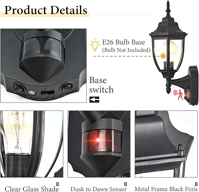 Porch Lights Outdoor Motion Sensor Wall Sconce Anti-Rust Aluminum, Exterior Outdoor Wall Lights Dusk to Dawn Porch Light Fixture Wall Mount for House Outside Patio