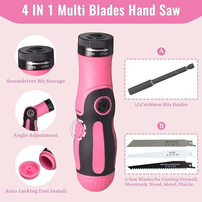 450 Piece Pink Tool Set with Chrome-Vanadium Steel Tools - Home, Car & Workshop Repair Kit for Women, Non-Slip Grip, Snap -Tight Toolbox with Drawer