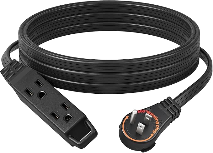 DEWENWILS 15FT Flat Plug Extension Cord, 360° Rotating Plug, 3 Prong Ultra Thin Power Strip, 13A/125V/1625W, 16 Awg Grounded Flat Power Cable for Indoor Narrow Space, SPT-3, ETL Listed, Black